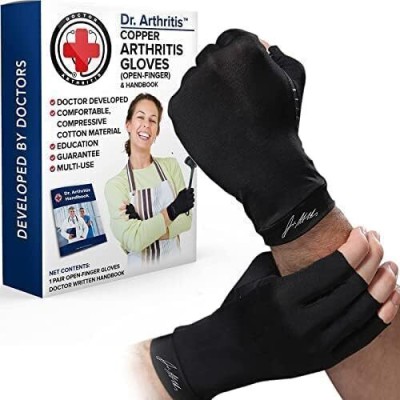 Dr. Arthritis Dr. Developed Copper Arthritis Gloves/Compression Gloves & DOCTOR WRITTEN HANDBOOK Finger Support(Black)