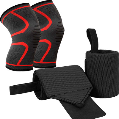 GymWar Combo Set of Anti Slip Knee Brace and Wrist Support for Fitness Knee Support(Black)