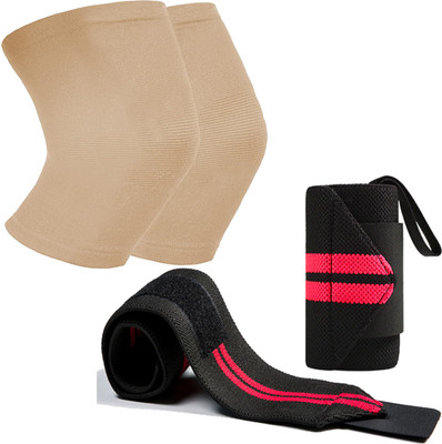 DreamPalace India Combo Set of Knee for Pain Relief and Wrist Wrap for Fitness Knee Support(Red)