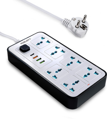 Robustt 6 Outlet Extension Board with 4 USB Ports | On/ Off Switch | 2500W Multi Plug 6  Socket Extension Boards(White, 1.7 m, With USB Port)