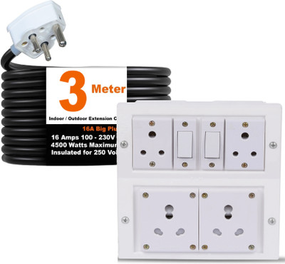 JELECTRICALS Power Extension Cord 6A/16A Universal Socket, 2.5mm 3-Core Heavy Duty 4  Socket Extension Boards(White, 3 m)