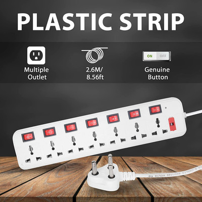 Skeisy 7 socket plus 7 switch extension board with 3mtr wire & 6AMP 7  Socket Extension Boards(White, Red, 3 m)