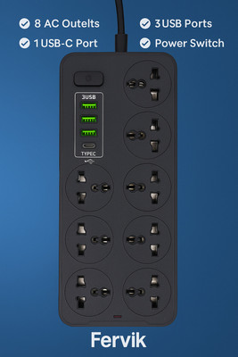 FERVIK Power Plate 2500W 4 + 8  Socket Extension Boards(Black, 3 m, With USB Port)