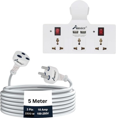 Amster Single Outlet Power Cable 5 Mtr And Universal Multi Plug Wireless USB COMBO PACK 3  Socket Extension Boards(White, 0 m, With USB Port)