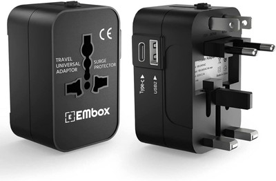 EMBox All in One Universal Travel Adapter with Type C Port-AC Multi Plug USB Adapter 3  Socket Extension Boards(Black, 0 m, With USB Port)