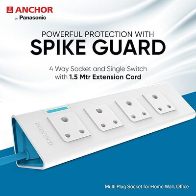 ANCHOR Panasonic 6A Power Strip ! Spike Guard With Switch One ! Multi Plug 4  Socket Extension Boards(White, Blue, 4 m)
