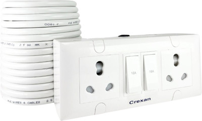 crexan Extension Board 240V/2500W+16A/16A Socket+16/20A Big Plug+2.5 Sq.mm Wire 2  Socket Extension Boards(White, 3 m)