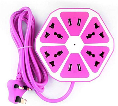 Minura Hexagon Socket with USB Charger, 4-Outlet with 4-USB Power Socket Extension Board with Cord, Mobile Charging USB Power Hub 4 usb 4  Socket Extension Boards(Pink, 2 m, With USB Port)