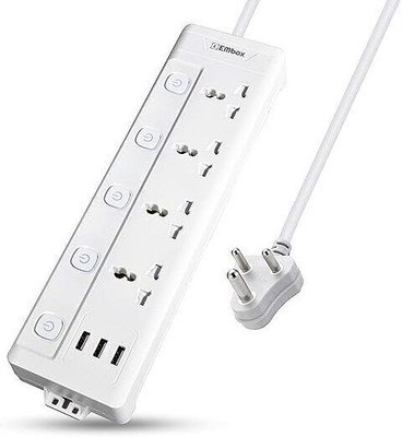 EMBox 10A Extension Board with 3 USB Port- 4 Universal Sockets and Overload Protector 4  Socket Extension Boards(White, 3 m, With USB Port)