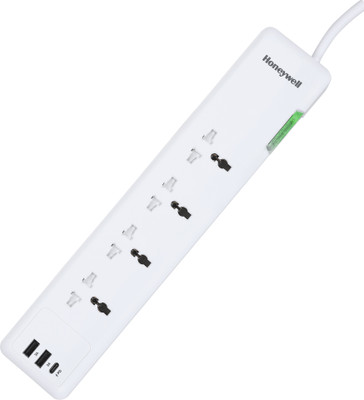 Honeywell Surge Protector,with Universal Sockets, 2xUSB & PD 20w,12,000Amp 4  Socket Extension Boards(White, 1.5 m, With USB Port)
