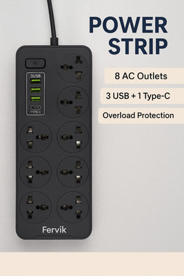 FERVIK Power Plate 2500W 4+8 Socket Extension Boards 8 Socket Extension Boards(Black, 3 m, With USB Port)