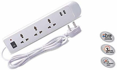 BAJAJ 3 WAY SPIKE GUARD 3 SOCKET & 2 USB 5  Socket Extension Boards(White, 3 m, With USB Port)