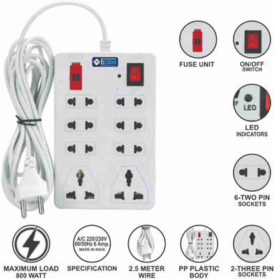 land track 6 Amp Extension Board 3 meter wire multi plug Surge Protector With universal switch & 8 Socket Extension Boards(White)