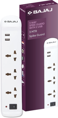 BAJAJ 3-WAY SPIKE GUARD 3 SOCKET & 2 USB 3  Socket Extension Boards(White, 3 m, With USB Port)