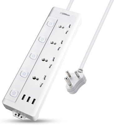 EMBox 10A Extension Board with 3 USB Port- 4 Universal Sockets and Overload Protector 4  Socket Extension Boards(White, 2 m, With USB Port)