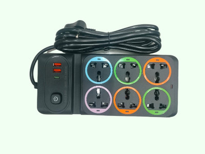AMAZZIYA 6 in 1 Surge protector 6  Socket Extension Boards(Black, 2 m, With USB Port)