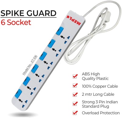 MEPL Multi Socket Spike Guard Protector Extension Cord Power Strip with 6 Socket 6  Socket Extension Boards(White, 2 m)