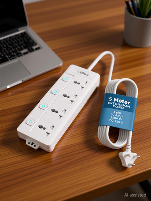 EMBox Power Extension Cord Heavy Duty Spike Guard With Individual Switches 4  Socket Extension Boards(White, 5 m)