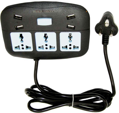 RENMAX Power Extension cord with USB Ports Fast Charging Universal 3  Socket Extension Boards(Black, 2 m, With USB Port)