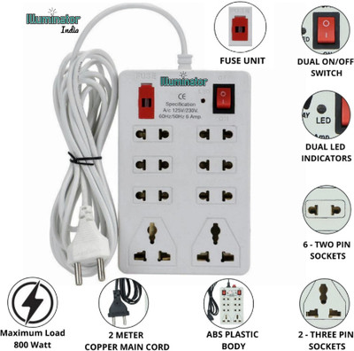 TOOLART One Plush Eight Extension Board 8  Socket Extension Boards(White, 2 m)