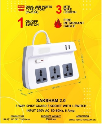 Garg Enterprises Extension board Saksham 2.0 3  Socket Extension Boards(White, Grey, 3 m, With USB Port)