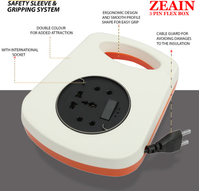 ZEAIN Master Unity Flex Box 3+1 with Master Switch, Indicator & International Sockets. 3  Socket Extension Boards(White, Orange, 4 m)