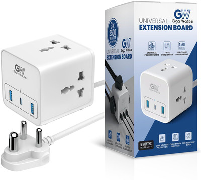 GIGAWATTS Cube Extension Board with 3 Power Sockets and 3 USB Ports 10A 250V for Office 3  Socket Extension Boards(White, 3 m, With USB Port)