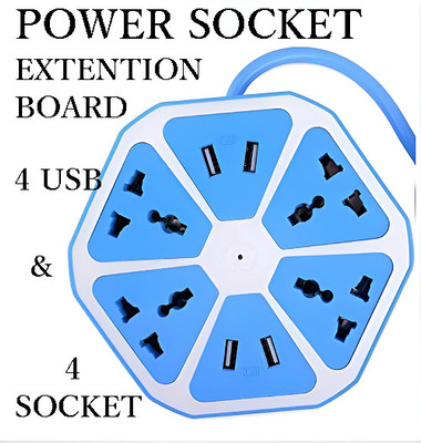 BASS BLING Multipurpose Extension Board with 4 USB charging point 4 Socket 4  Socket Extension Boards(Blue, 2 m, With USB Port)