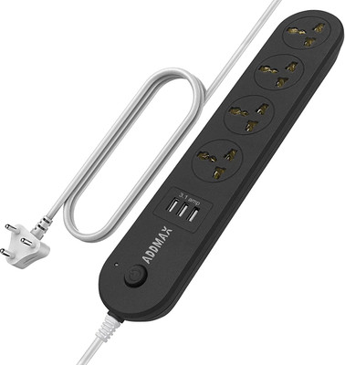 Addmax USB Extension Cord – 4 socket Outlet with 3 USB Port Multi Plug Extension Board 4  Socket Extension Boards(Black, 1.8 m, With USB Port)