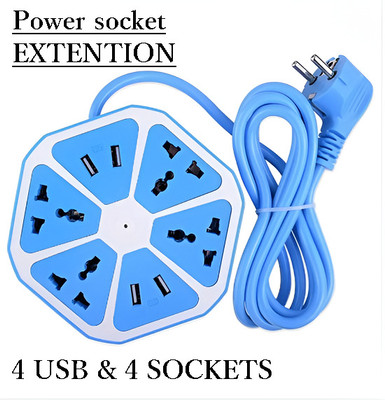BASS BLING Hexagon Socket Extension board with 4 Usb And 4 Socket 4  Socket Extension Boards(Blue, 2 m, With USB Port)