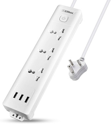 EMBox 10A Extension Board with USB & Master Switch 3 Sockets and 3 USB Ports-2500W 3  Socket Extension Boards(White, 2 m, With USB Port)