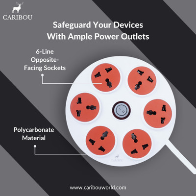 CARIBOU CBU-04 6A Round Extension|6 Int’l Sockets|One Switch|LED|2M ISI Cord 6  Socket Extension Boards(White, 2 m)