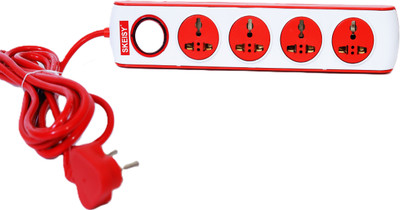 Skeisy New 4 socket Plus 1 led switch surge protector up 10amp, 2.5 m wire, 4  Socket Extension Boards(White, Red, 2.5 m)