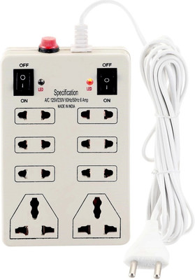 GLUCKLICH Mini Strip Extension Cord 8+2|8 Sockets 2 Switches(Cord Length:- 2 Meters) 8  Socket Extension Boards(White, 2.5 m)