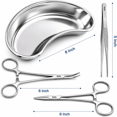 Bos Medicare Surgical Kidney Tray, Artery Forceps, Kocher, Dressing Forceps, Scissors & Needle Holder Needle Holders
