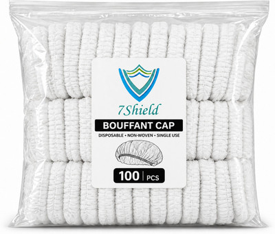 7SHIELD 100 Pieces Disposable Non Woven Bouffant (White) Surgical Head Cap(Disposable)