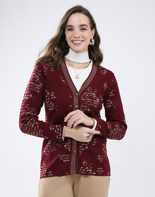 MONTE CARLO Self Design V Neck Casual Women Red Sweater