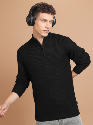 HIGHLANDER Woven High Neck Casual Men Black Sweater