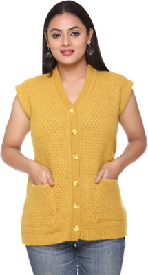 WOOL 4U Self Design V Neck Casual Women Yellow Sweater