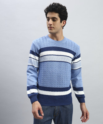 Cluzive Self Design Round Neck Casual Men Blue Sweater