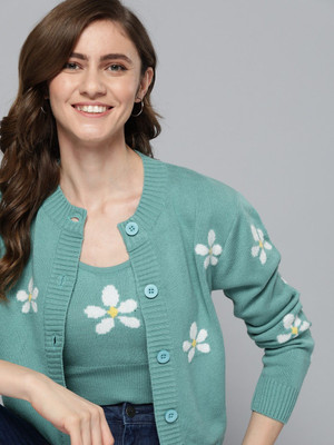 Mast & Harbour Printed Round Neck Casual Women Green Sweater