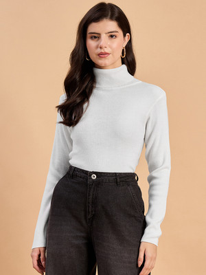 RVK Self Design High Neck Casual Women White Sweater