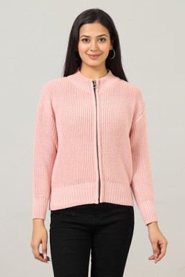 WOOLBERRY Self Design High Neck Casual Women Pink Sweater