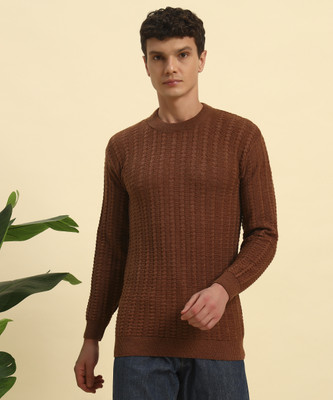 CANBLAR Self Design Round Neck Casual Men Brown Sweater