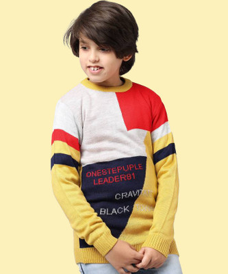 Fit N Fame Colorblock Round Neck Casual Boys Yellow Sweater