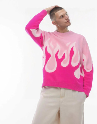 Eddicted Graphic Print Round Neck Party Men Pink Sweater