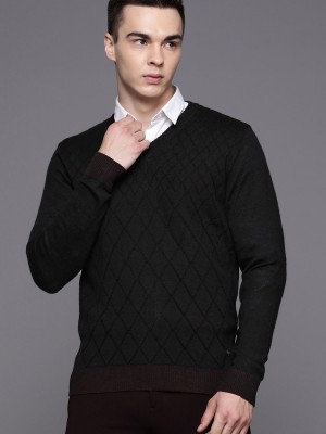 Raymond Self Design Collared Neck Casual Men Black Sweater