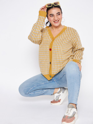 Club York Checkered V Neck Casual Women Yellow Sweater