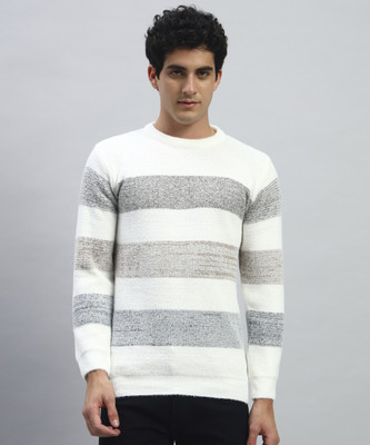 SILVANUS Striped Round Neck Casual Men Grey Sweater