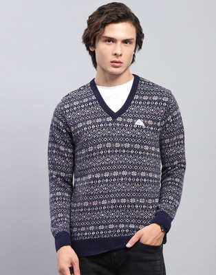 MONTE CARLO Printed V Neck Casual Men Dark Blue Sweater